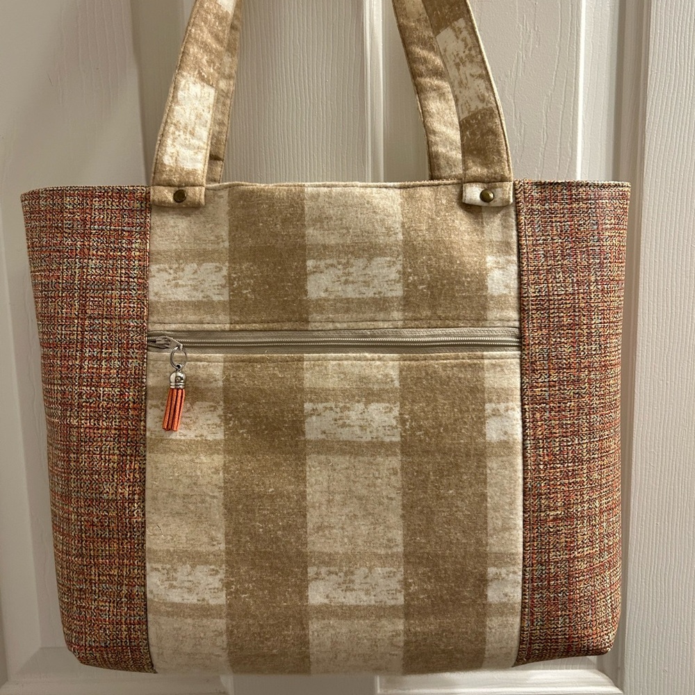 Cream and Brown Tote Bag with Textured Panels and Striped Design